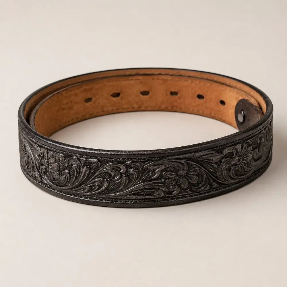 Justin Black Stamped Western Style belt no buckle size 24